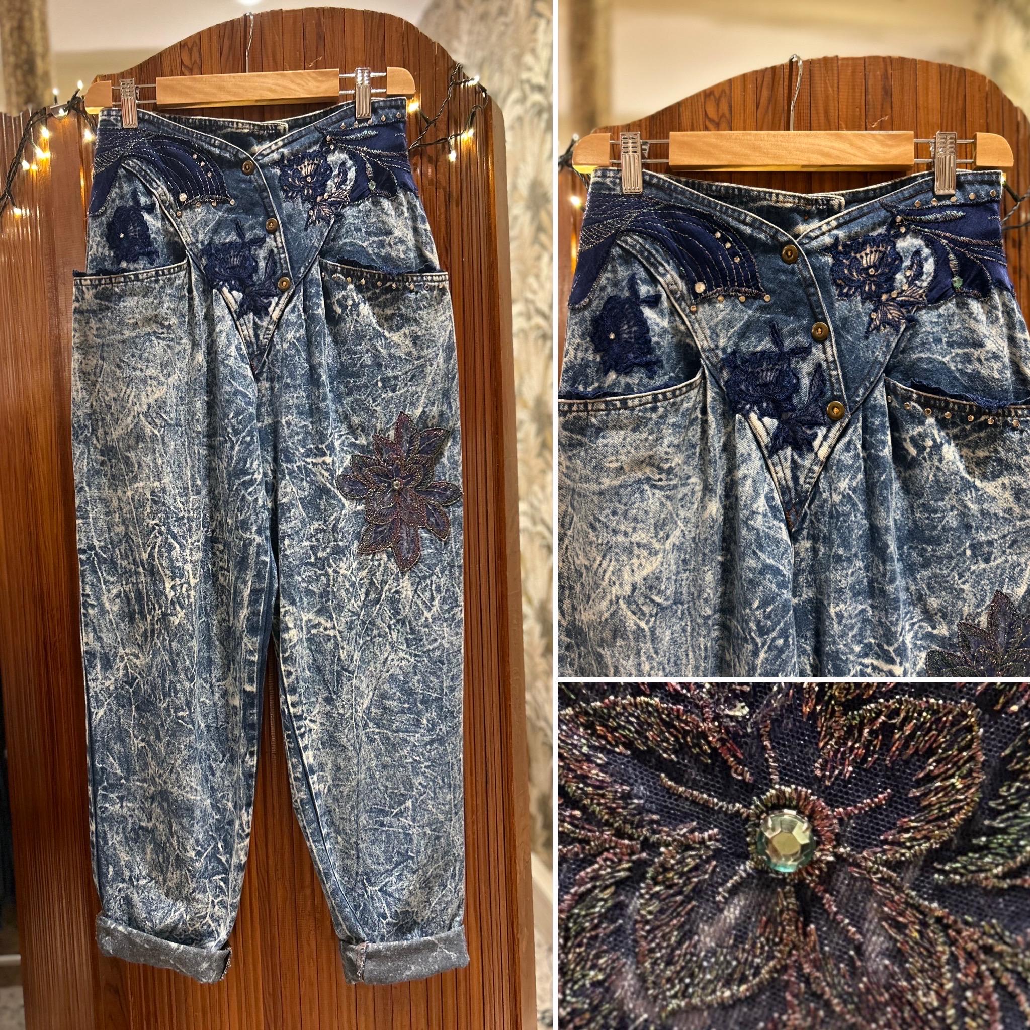 80s Embroidered Lace Jeans Rhinestones Lurex and Studs Acid Wash