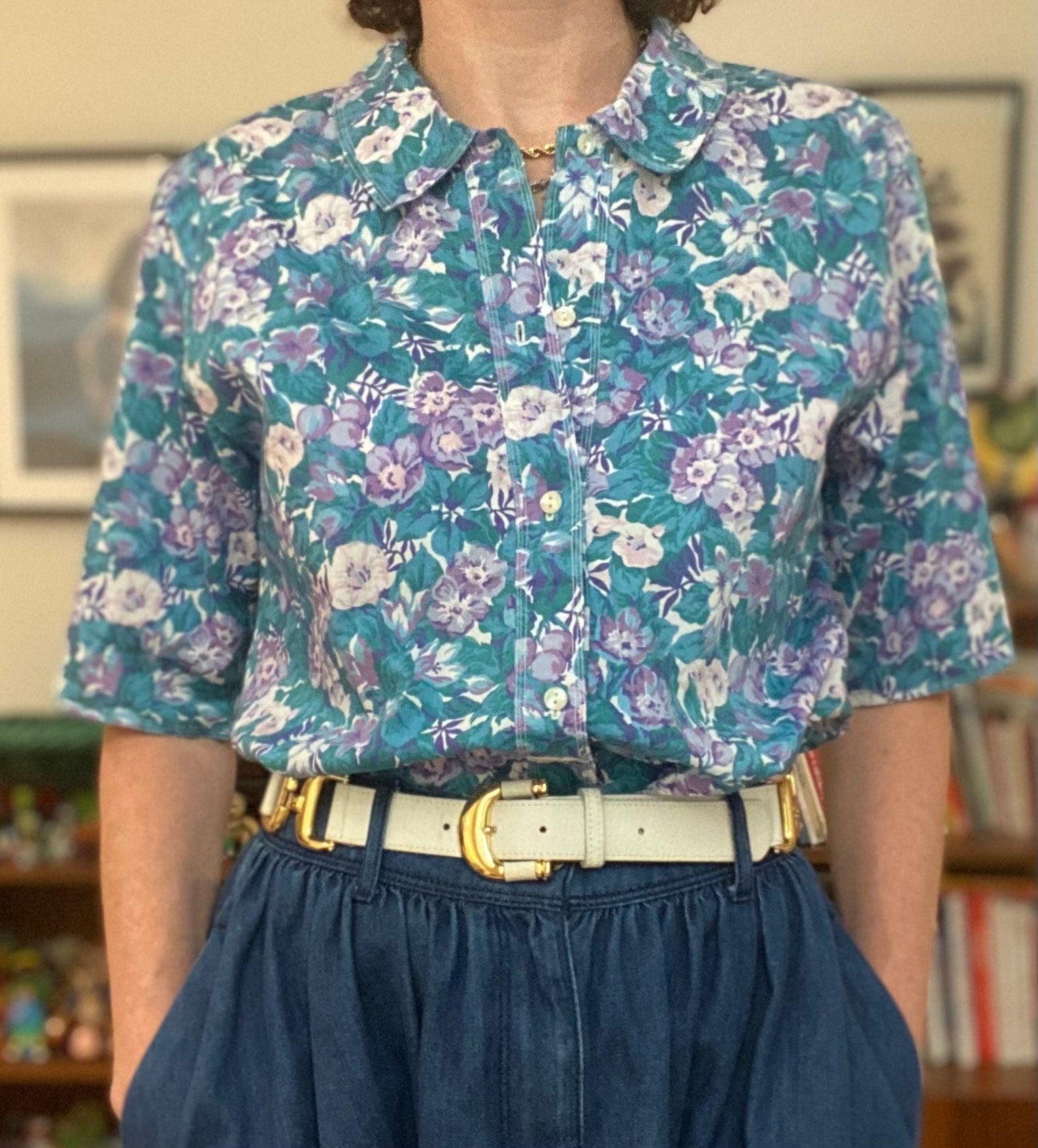 80s 'LADY CHEMERLANG' FRENCH BLACK ORANGE FLORAL DEADSTOCK BUTTON-UP BLOUSE S 8