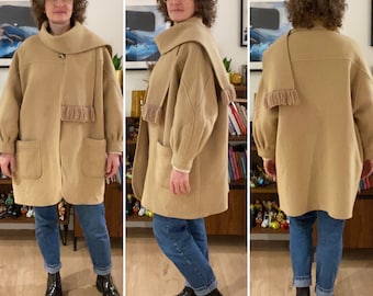Mid-length vintage wool coat camel puff sleeves built-in scarf loose casual chic preppy Size 36 to 42 Fr