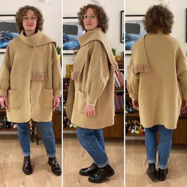 Manteau vintage laine mi long manches bouffantes camel écharpe intégrée ample casual chic bcbg Taille 36 à 42 Fr