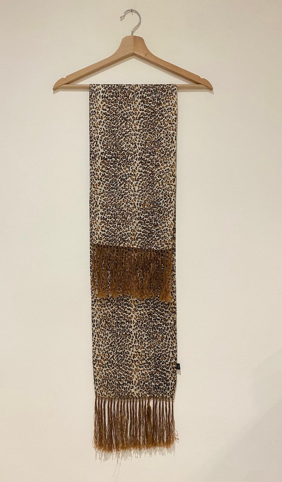 Vintage silk scarf leopard fringes long rectangle… - image 2