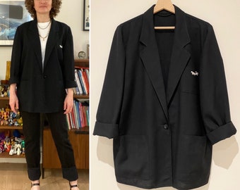 Vintage negro preppy casual chic blazer de lino oversize 1980 Talla 38 Fr