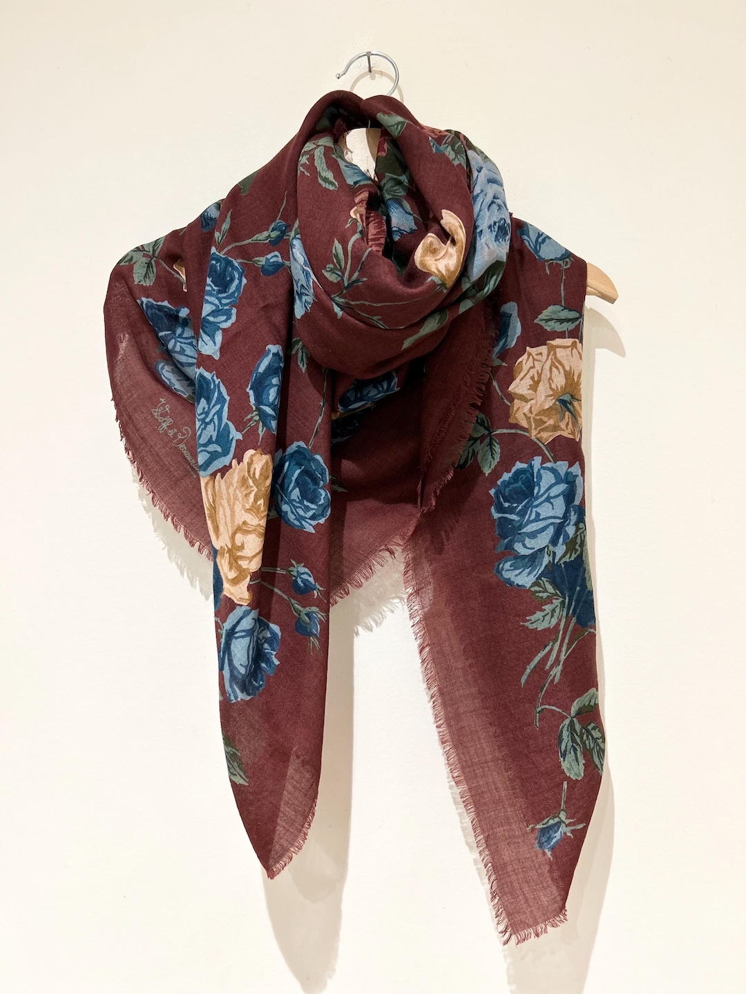 Wolff & Descourtis Floral Wool and Silk Scarf, Burgundy, Blue