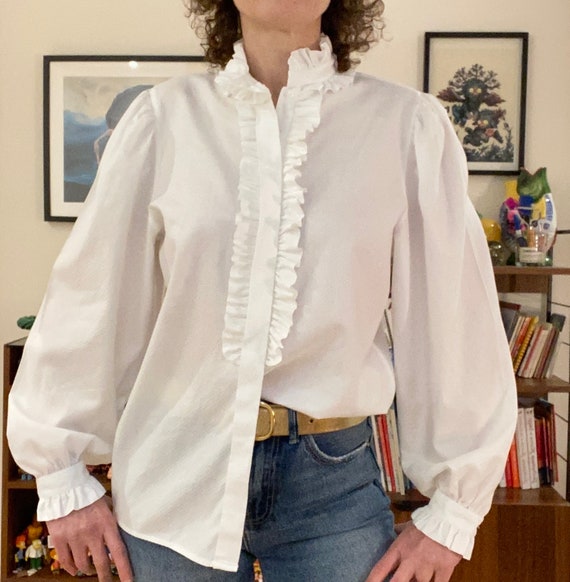 Vintage White Cotton Blouse Ruffles Puff Sleeves Chic Victorian Elegant Romantic Made in France Size 38 40 Fr Etsy Australia