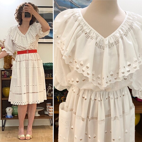 Robe vintage dentelle blanche manches bouffantes col volanté coton taille élastique midi bohème romantique prairie 1980 Taille 36 FR