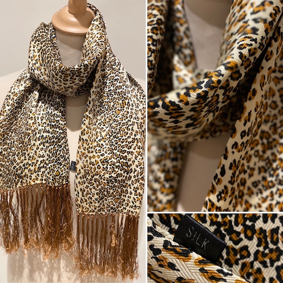 Vintage silk scarf leopard fringes long rectangle… - image 1