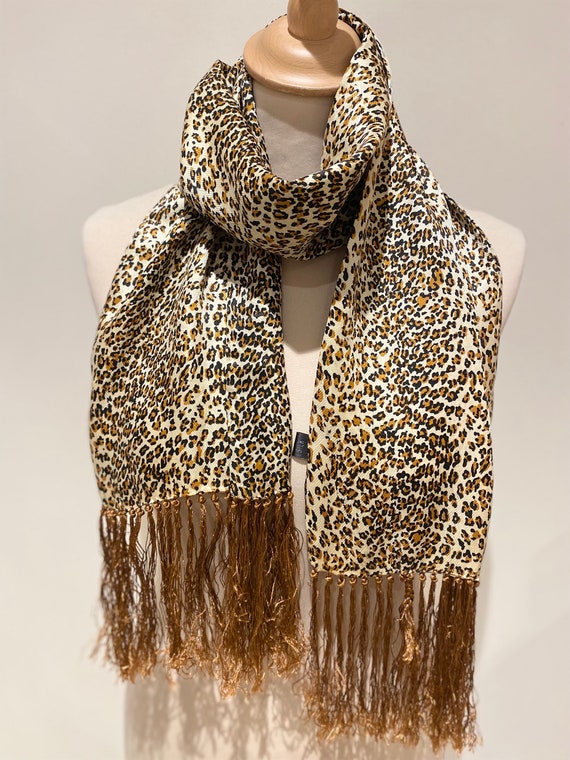 Vintage silk scarf leopard fringes long rectangle… - image 5