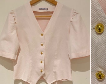 Vintage bcbg chic officewear blouse with neckline cotton pique pastel pink barbiecore 1980 Made in France Size 34 Fr