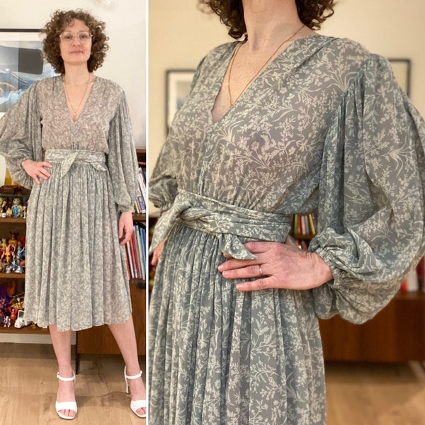 Robe longue manches bouffantes voile fleuri faite main Vintage décolleté vaporeuse chic habillée soirée cérémonie mariage Taille 36 Fr