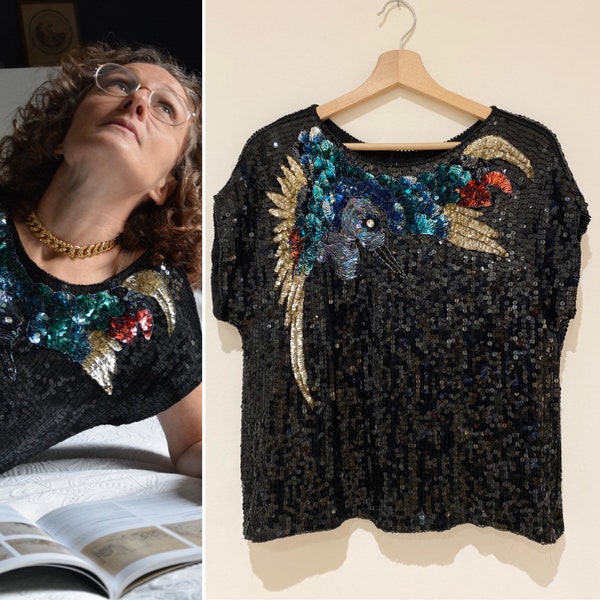 Haut vintage brodé sequins oiseau rare chic soirée cocktail réveillon noir multicolor Taille 36 Fr