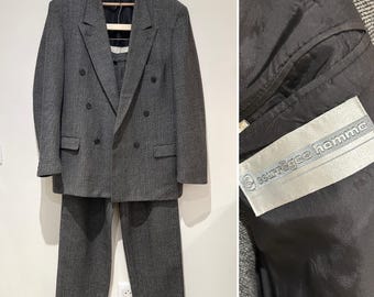 Courrèges vintage double-breasted blazer trouser suit pleated lapels chic black heathered ecru wool 80s