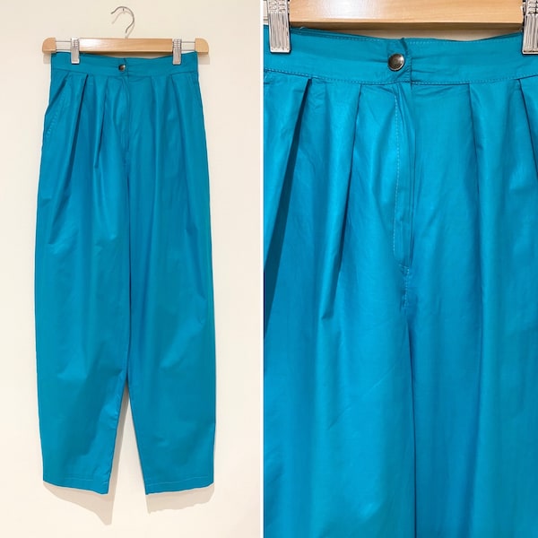 Pantalon vintage 1980 ample pinces bleu turquoise casual chic bcbg elegant coton leger enduit Taille 34 Fr