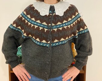 Vintage Icelandic cardigan CACHAREL wool winter thick warm romantic bohemian jacquard Size 38 FR