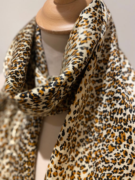 Vintage silk scarf leopard fringes long rectangle… - image 6