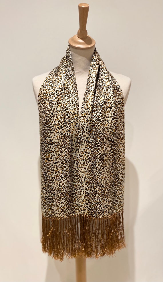 Vintage silk scarf leopard fringes long rectangle… - image 8