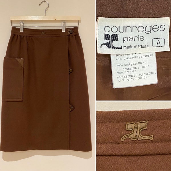 COURREGES jupe droite vintage laine cachemire cuir rare portefeuille marron chocolat  bcbg chic bourgeoise Taille 38 Fr