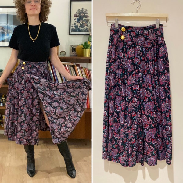 Jupe midi Vintage 1980 motif paisley fleuri portefeuille taille haute élastique coton jersey bohème chic Taille 36/38 Fr