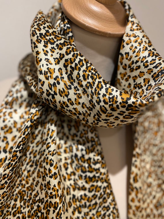 Vintage silk scarf leopard fringes long rectangle… - image 7