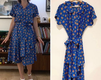 Robe vintage volants fleurie boutonnée longue col claudine élégante féminine chic fluide Taille 36/38 Fr