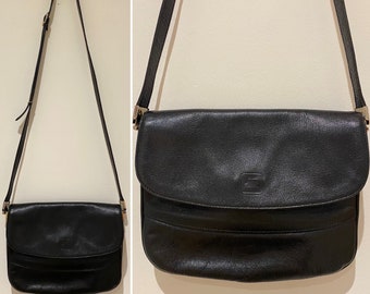 Vintage Jacques Esterel handbag black leather shoulder strap crossbody flap classic timeless Made in France