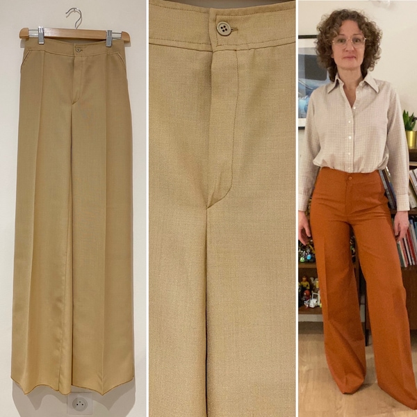 Pantalon flare Vintage 1970 neuf deadstock laine beige retro chic taille haute jambes larges Taille 34 Fr