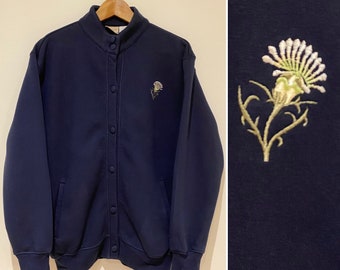 Vintage cotton jacket cardigan embroidered navy blue flowers casual chic embroidered flowers Size 38/40 Fr