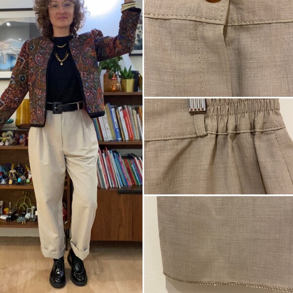 Pantalon Vintage beige leger pince ample taile élastique casual chic Made in France neuf Taille 40 FR