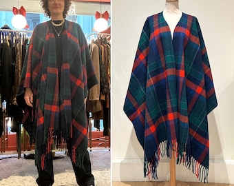 Pendleton Vintage tartan cape wool fringe navy red and green check pattern preppy casual chic Made in USA