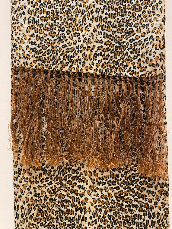 Vintage silk scarf leopard fringes long rectangle… - image 4