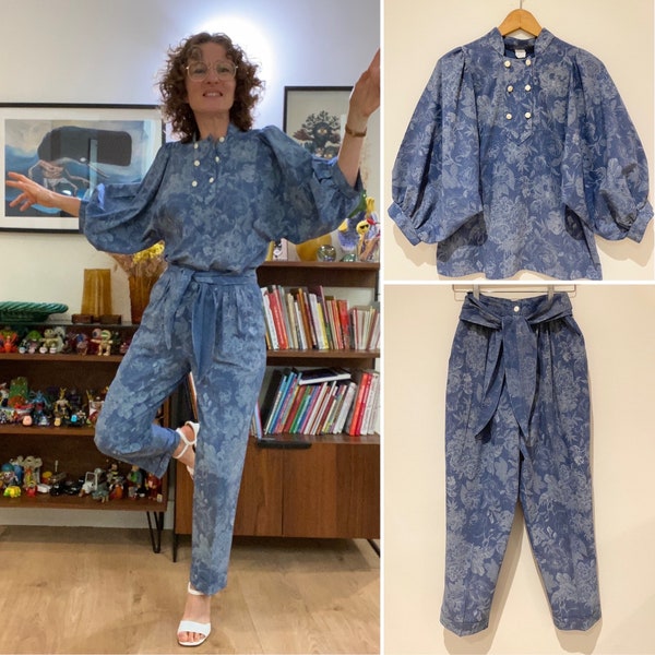 Ensemble pantalon Vintage 1980 blouse manches bouffantes pantalon pinces coton chambray fleuri chic elegant dadame bourgeoise Taille 38 Fr