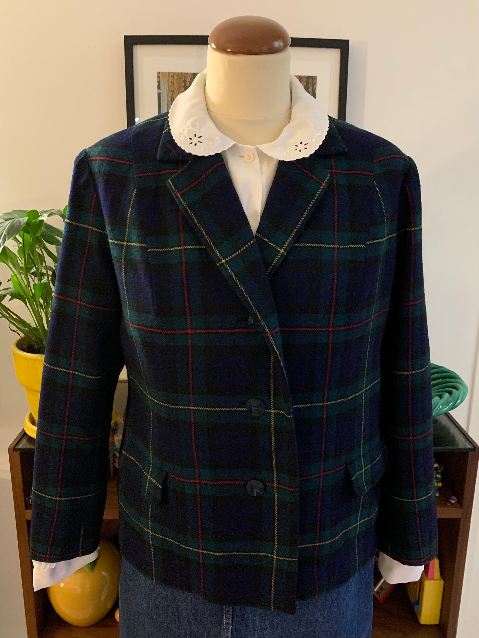 Veste Caban Liliane Burty 100% Laine – Style écossais, Taille 44, Col Et Poches Doublés Velours