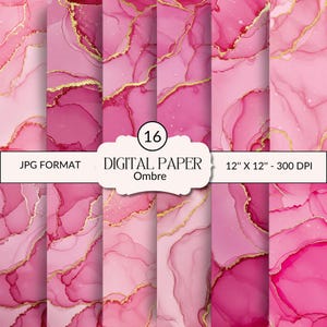 Könnte beinhalten: Eine Sammlung von 16 digitalen Papierdesigns in Rosa- und Goldtönen mit Ombre-Effekt. Jedes Papier misst 30,48 cm x 30,48 cm bei 300 DPI. Die Designs sind im JPG-Format.