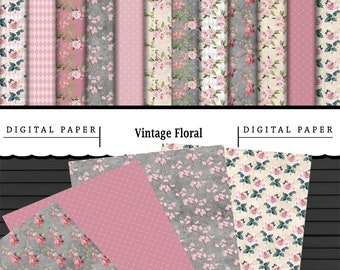 12 Vintage Floral Digital Papers: Scrapbook Papercraft (Digital Download)