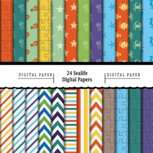 24 Fish Sealife Inspired - Printable Patterned Digital Paper/Scrapbook Paper 12" x 12"/Papercraft/Print On Demand/Commercial Use