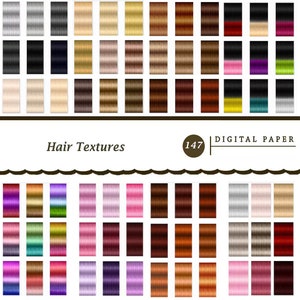 May include: A digital paper pack featuring 147 hair textures in a variety of colours and styles. The textures are arranged in a grid pattern. The text "Hair Textures" and "147 Digital Paper" is visible in the image.