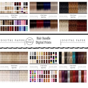Puede incluir: Un paquete de papel digital con 493 imágenes de texturas de cabello en varios colores. El paquete incluye 200, 18, 28, 80, 147 y 20 texturas de cabello. El texto "Digital Paper" y "Hair Bundle Digital Prints" se muestra en la imagen.