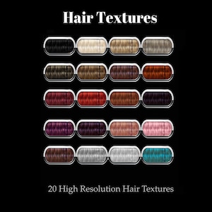 May include: Twenty high-resolution hair textures in a variety of colours, including black, blonde, brown, red, purple, pink, grey, and blue. The textures are displayed in a grid format on a black background.