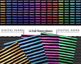 May include: 14 digital papers with black and white stripes in various foil colors, including gold, blue, pink, and green.  The text "14 Foil Watercolours" is at the top of the image.