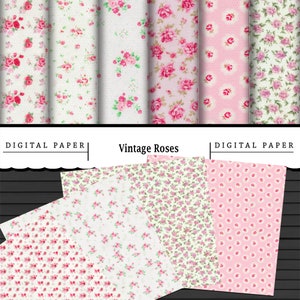 Könnte beinhalten: Ein Set mit 8 digitalen Papieren mit Vintage-Rosenmustern in Rosa, Weiß und Grün. Die Papiere eignen sich perfekt für Scrapbooking, Kartenherstellung und andere Bastelprojekte. Digitales Papier, Vintage-Rosen.