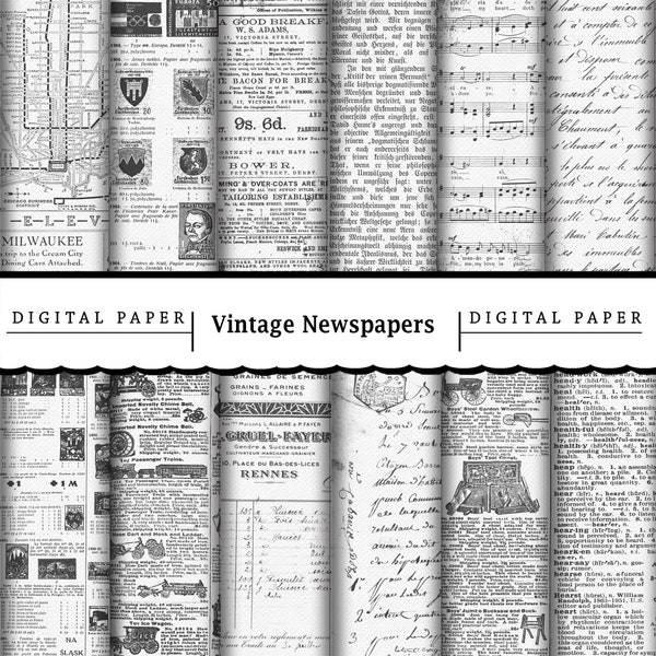 12 Printable Digital Vintage Newspapers/Monochrome/Scrapbooking/Papercraft/Print On Demand/Wallpaper/Dolls House/Digital Prints/Decoupage