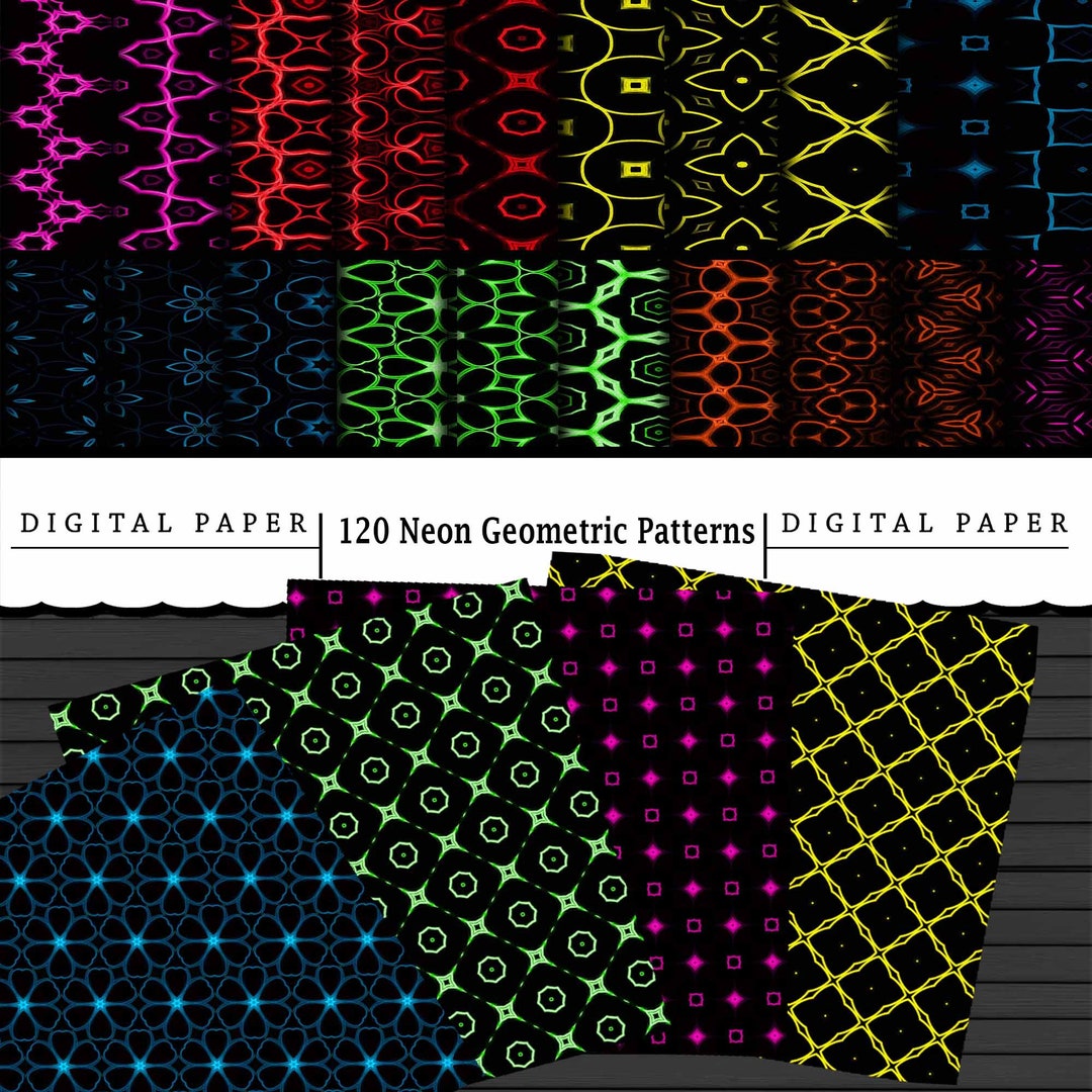 Neon Pattern Paper 120 Neon Geometric Pattern Papers: Printable Scrapbook Paper (digital ...