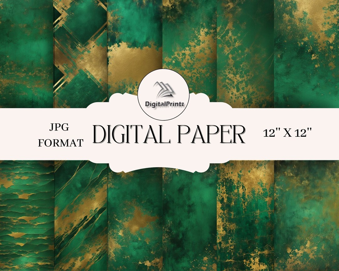 Emerald Green & Gold Grunge Textures: 12x12 Digital Paper (JPG Download ...
