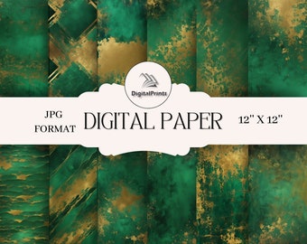 May include: Digital paper pack with 8 different designs featuring green and gold abstract patterns. Each sheet is 12 inches by 12 inches.