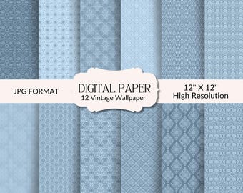 Carta digitale vittoriana blu, 12 fogli, carta da parati vintage senza cuciture, carta per scrapbooking 12x12, sfondi floreali antichi