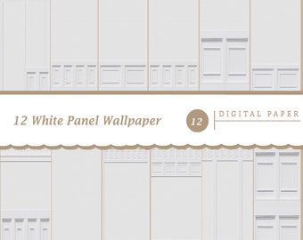 May include: Twelve digital paper designs featuring white panel wallpaper patterns. The patterns include various sizes and arrangements of rectangular panels.