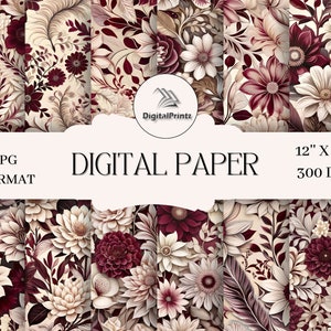 Burgundy Cream Floral Designs: Elegant Digital Paper (Digital Download)