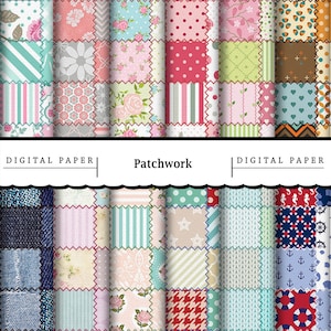 May include: A digital paper pack with 16 different patchwork patterns. The patterns include floral, geometric, and nautical themes. The patterns are in a variety of colors, including pink, blue, green, and red.