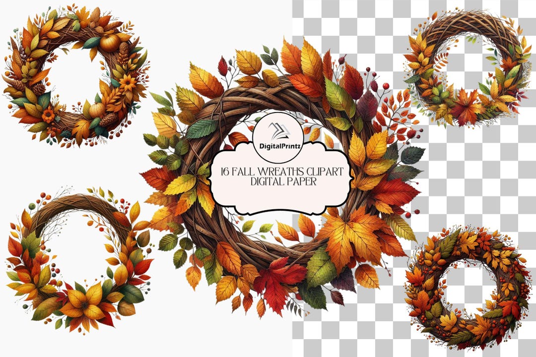 Autumn Wreath Clipart: 16 Fall Watercolor PNG Graphics (5x5 Inch ...