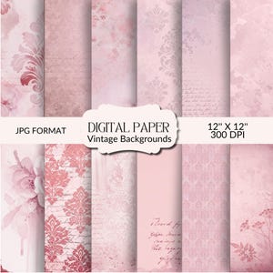 Peut inclure: Plusieurs fonds d'écran numériques roses avec des motifs floraux, damassés et manuscrits. Les papiers mesurent 30,48 cm x 30,48 cm et sont à 300 DPI. Le texte indique "DIGITAL PAPER Vintage Backgrounds".