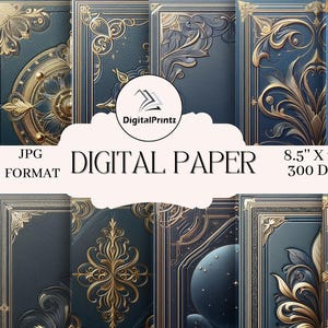 Blue & Gold Ornate Book Covers: Printable Gilded 8.5x11 Sheets (Digital Download)